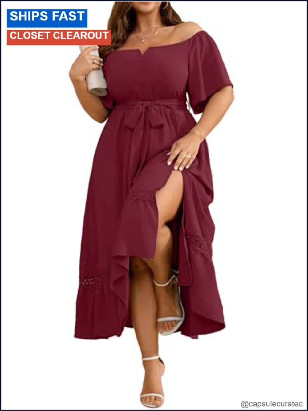 Plus Size Off Shoulder Maxi Dress with Belt Formal Wedding Guest Cocktail